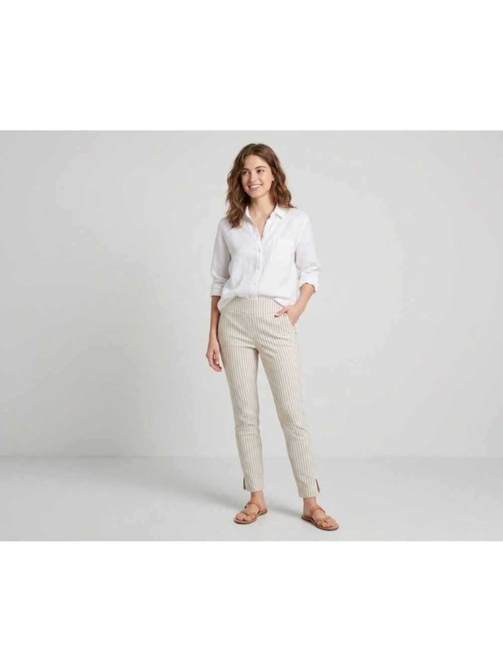 7th Avenue Striped Ankle Pants Beige & White Medium Polyester Blend Business
